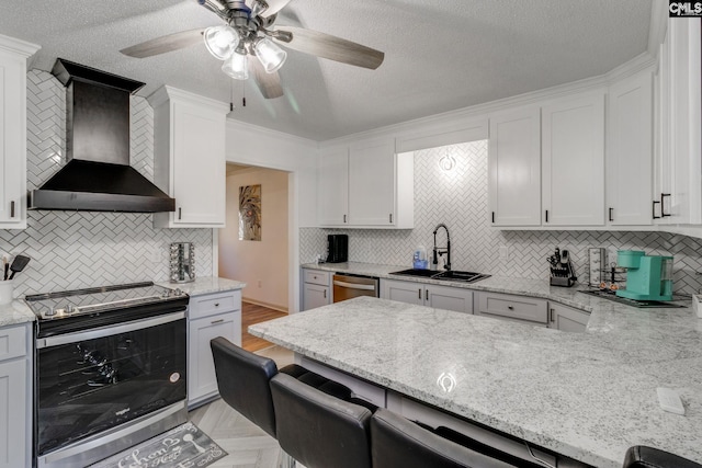 307 Wyoming Dr, Sumter, SC 29153 - kitchen with a textured ceiling, a sink, white cabinets, appliances with stainless steel finishes, and wall chimney exhaust hood