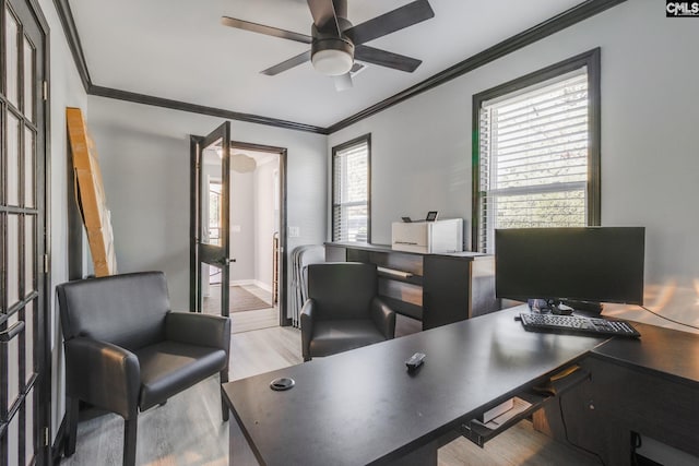 307 Wyoming Dr, Sumter, SC 29153 - office space featuring ceiling fan, baseboards, light wood-style flooring, and crown molding