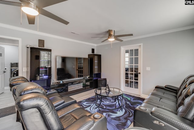 307 Wyoming Dr, Sumter, SC 29153 - living room with light wood-type flooring, visible vents, ornamental molding, and a ceiling fan