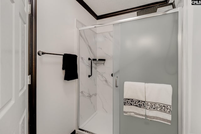 307 Wyoming Dr, Sumter, SC 29153 - full bathroom with a textured ceiling, a marble finish shower, and crown molding