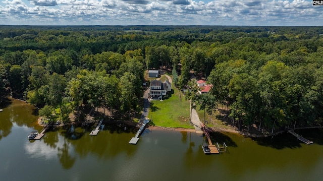 aerial view featuring a water view and a view of trees