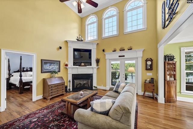 living room featuring french doors, light wood-style flooring, and a healthy amount of sunlight