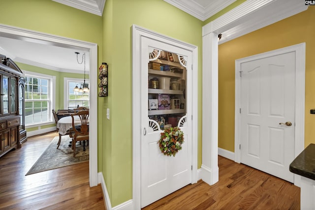 hallway featuring a notable chandelier, baseboards, dark wood-style flooring, and crown molding