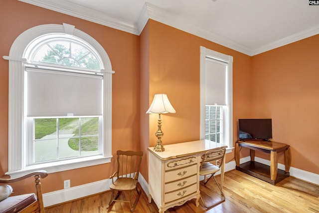 office area featuring light wood-style floors, crown molding, and baseboards