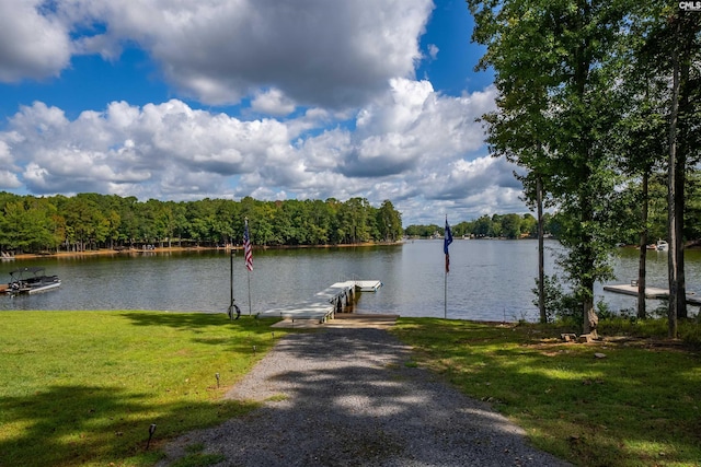 water view with a boat dock and a view of trees