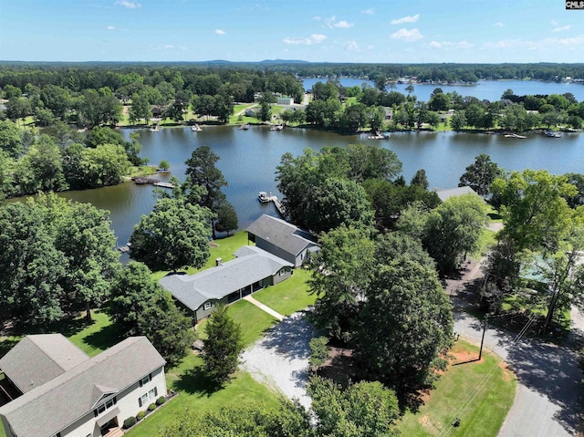 birds eye view of property featuring a water view and a wooded view