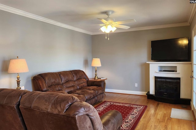 living area with a fireplace with raised hearth, ceiling fan, baseboards, light wood finished floors, and crown molding