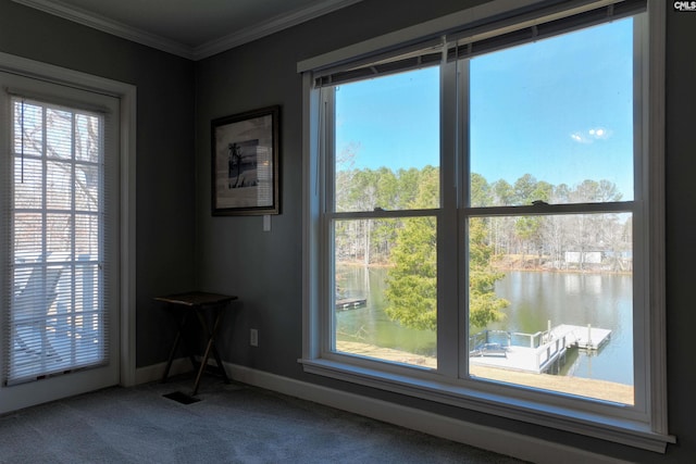 empty room featuring ornamental molding, a water view, carpet flooring, and baseboards