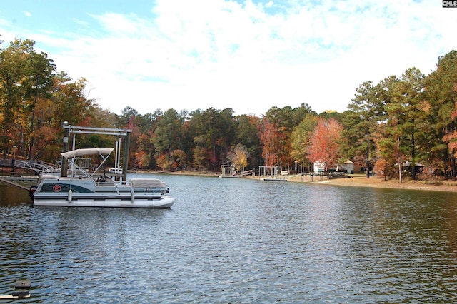 property view of water featuring a dock and a wooded view