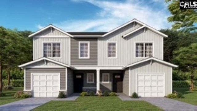 view of front facade featuring driveway, a garage, board and batten siding, and a front yard