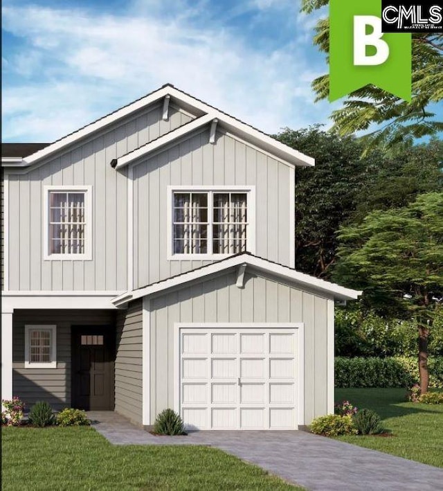 modern inspired farmhouse featuring an attached garage, driveway, board and batten siding, and a front lawn