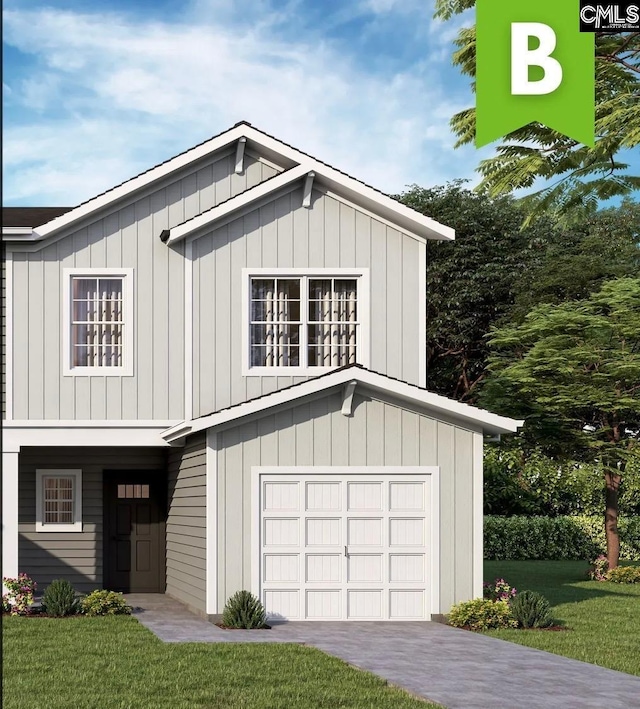 modern farmhouse with a front lawn, aphalt driveway, board and batten siding, and a garage