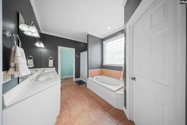 full bath with a garden tub, tile patterned flooring, crown molding, and vanity