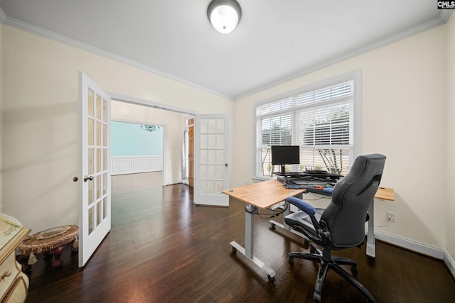 office with ornamental molding, wood finished floors, and french doors