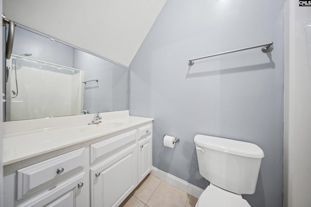 bathroom with baseboards, toilet, a shower with curtain, tile patterned floors, and vanity