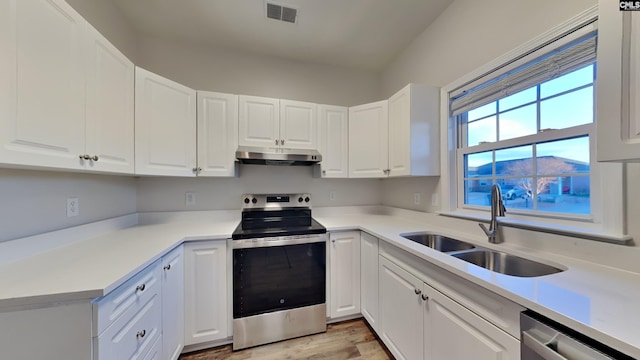 kitchen with appliances with stainless steel finishes, light countertops, under cabinet range hood, white cabinetry, and a sink