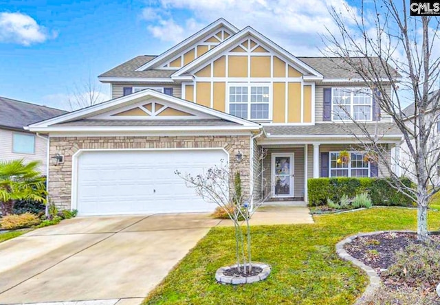 view of front facade featuring stone siding, concrete driveway, an attached garage, and a front lawn