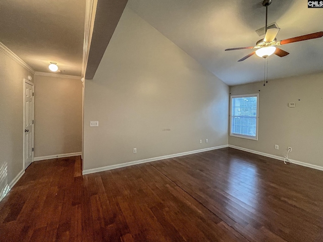 empty room with dark wood-style flooring, visible vents, ceiling fan, and baseboards