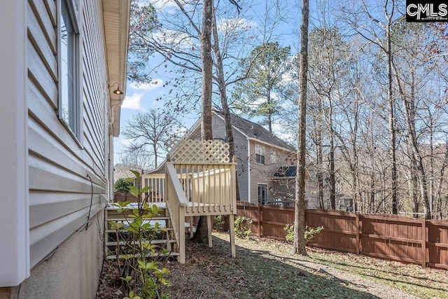 view of yard with a fenced backyard and a wooden deck