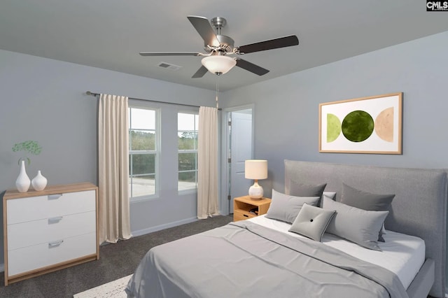 bedroom with ceiling fan, dark colored carpet, visible vents, and baseboards