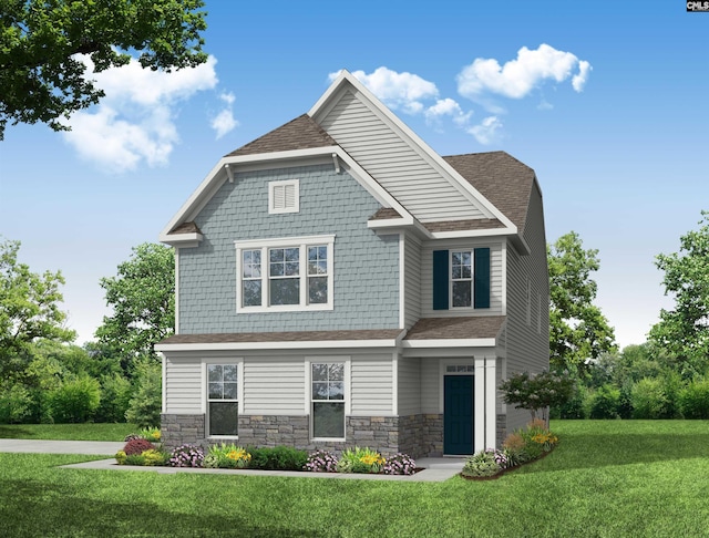 view of front of property featuring roof with shingles and a front yard