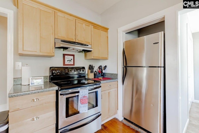 kitchen featuring appliances with stainless steel finishes, under cabinet range hood, light stone counters, and light brown cabinetry