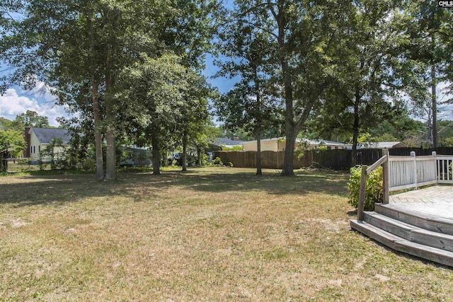 view of yard with a fenced backyard and a wooden deck