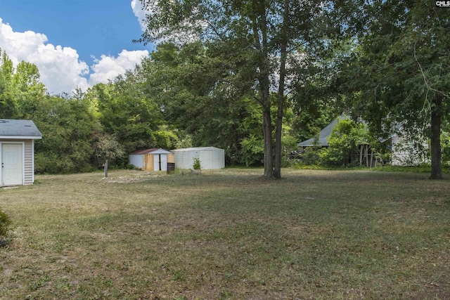 view of yard featuring an outbuilding and a storage unit