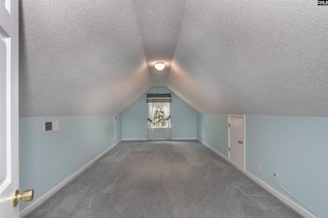 additional living space featuring lofted ceiling, a textured ceiling, carpet, and baseboards