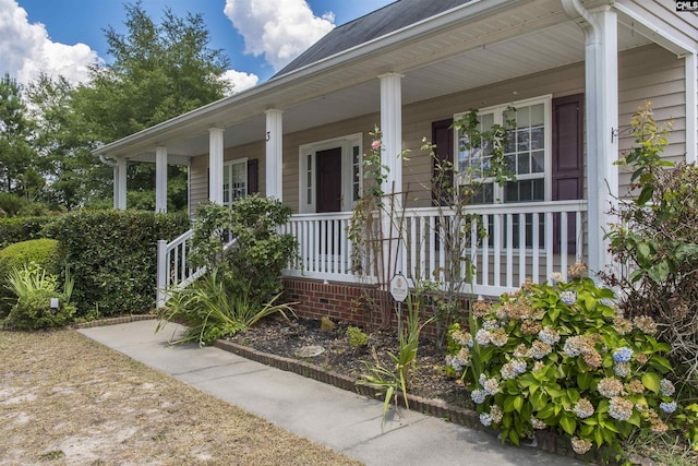 view of exterior entry featuring a porch