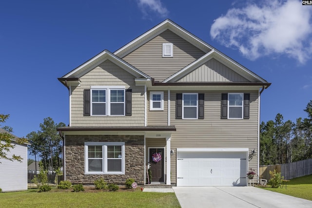 craftsman inspired home featuring driveway, a garage, stone siding, fence, and a front yard