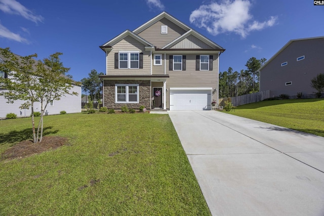 craftsman-style home featuring driveway, a garage, stone siding, fence, and a front lawn