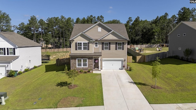 view of front facade featuring an attached garage, stone siding, concrete driveway, and fence