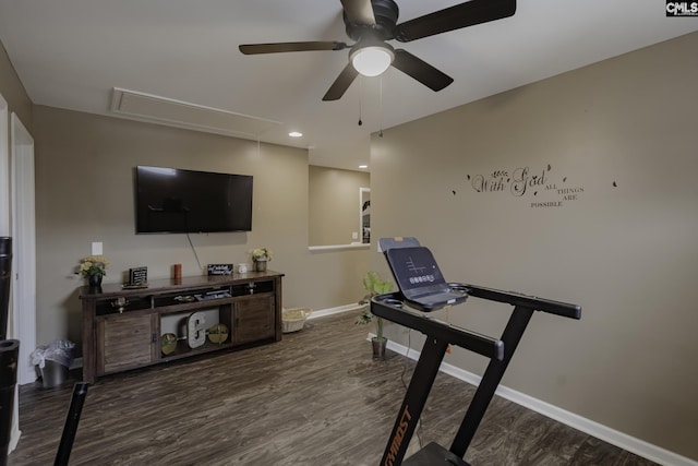 workout room featuring dark wood-style floors, recessed lighting, attic access, ceiling fan, and baseboards