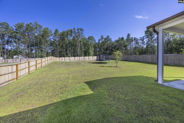 view of yard featuring a trampoline and a fenced backyard