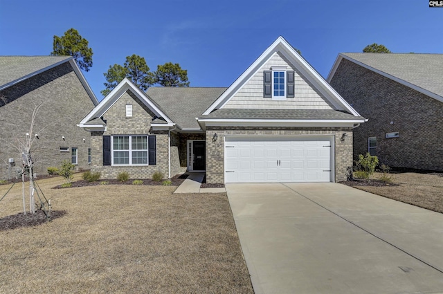 view of front of home with a garage, roof with shingles, concrete driveway, and brick siding