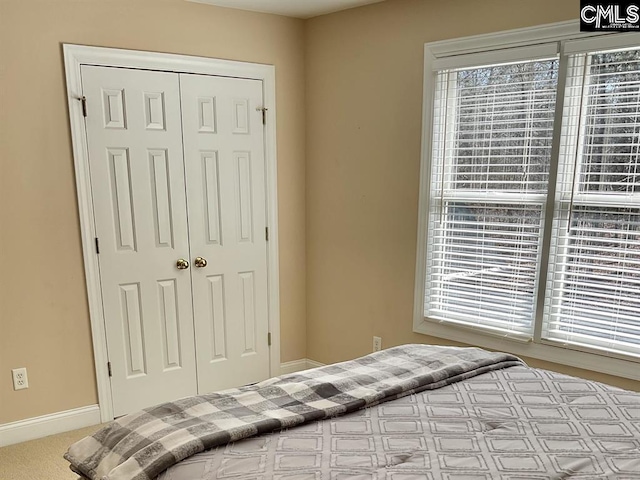 bedroom with carpet floors, baseboards, and a closet