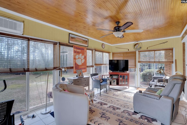 living area featuring wooden ceiling, ceiling fan, crown molding, and light tile patterned flooring