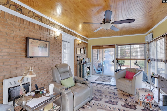 living area with a healthy amount of sunlight, wooden ceiling, brick wall, and crown molding