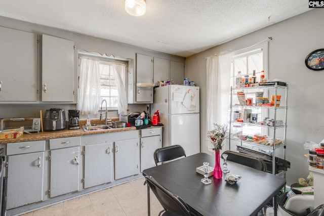 kitchen with a sink, gray cabinets, freestanding refrigerator, and a healthy amount of sunlight