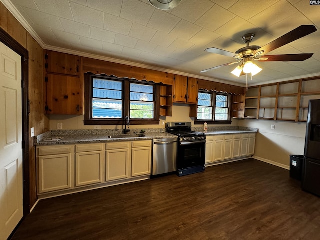 kitchen featuring dark wood-style floors, appliances with stainless steel finishes, crown molding, open shelves, and a sink