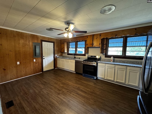 kitchen featuring electric panel, dishwasher, gas range, dark wood-type flooring, and a sink