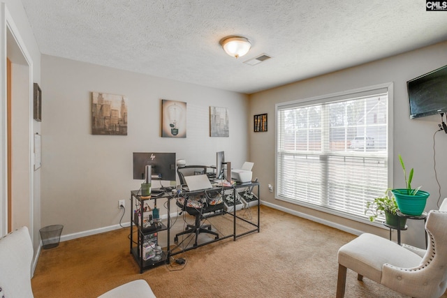 home office with carpet floors, visible vents, a textured ceiling, and baseboards