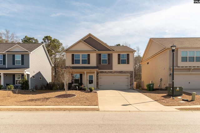 craftsman inspired home with an attached garage, stone siding, central AC, and concrete driveway