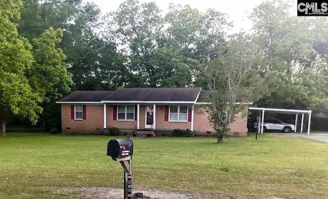 ranch-style house with crawl space, brick siding, an attached carport, and a front yard