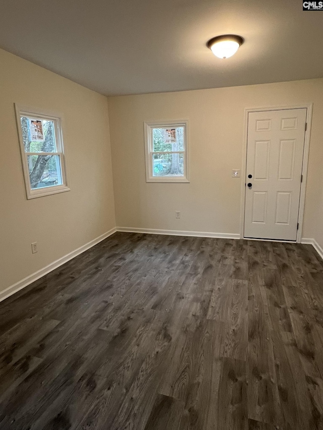 spare room with dark wood-style flooring, plenty of natural light, and baseboards