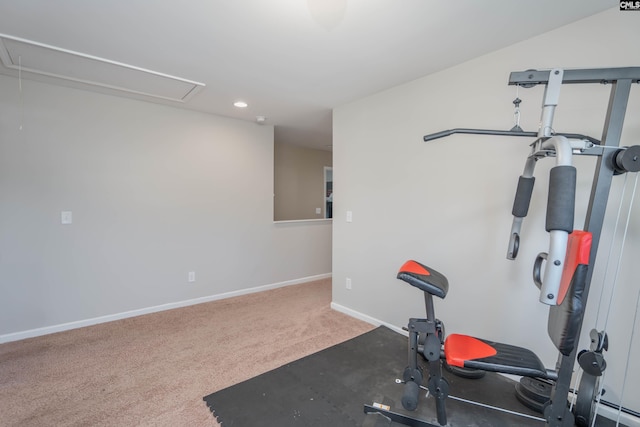 workout room with attic access, baseboards, carpet flooring, and recessed lighting