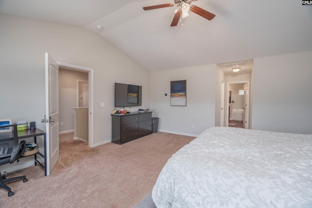 bedroom featuring baseboards, visible vents, a ceiling fan, light colored carpet, and vaulted ceiling