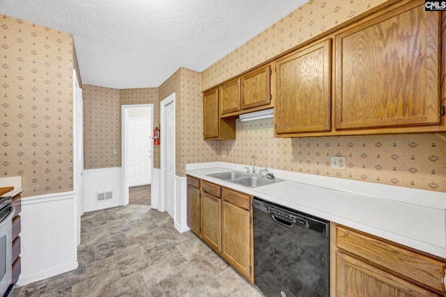 kitchen with wallpapered walls, dishwasher, and wainscoting