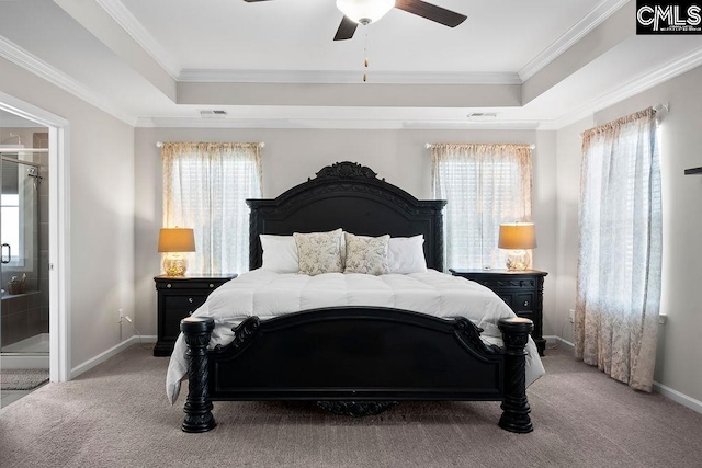 bedroom with multiple windows, carpet, and a raised ceiling